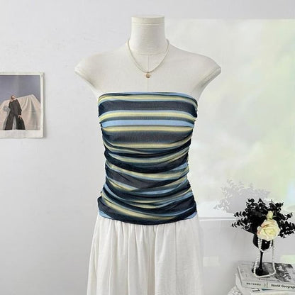 Multicolor Striped Ruched Crop Tube Top