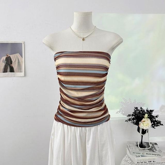 Multicolor Striped Ruched Crop Tube Top