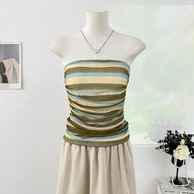 Multicolor Striped Ruched Crop Tube Top