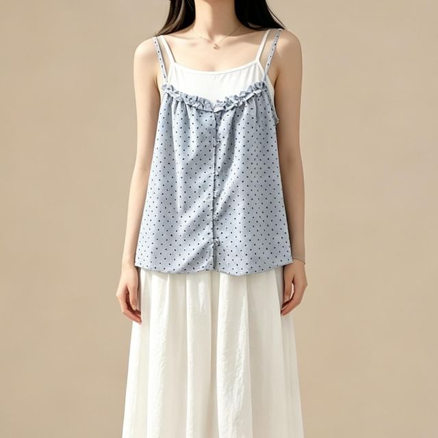 Set: Plain Camisole Top + Micro Dot Frill Trim Button-Up Camisole Top