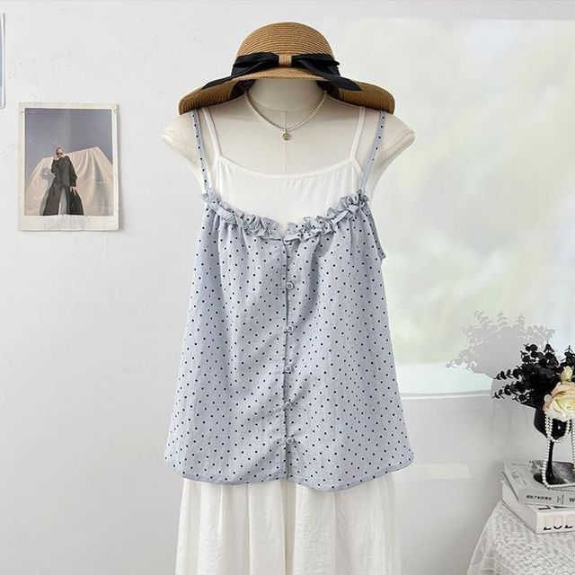 Set: Plain Camisole Top + Micro Dot Frill Trim Button-Up Camisole Top