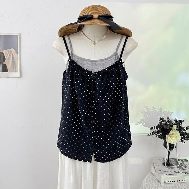 Set: Plain Camisole Top + Micro Dot Frill Trim Button-Up Camisole Top