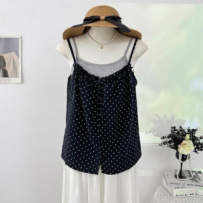 Set: Plain Camisole Top + Micro Dot Frill Trim Button-Up Camisole Top