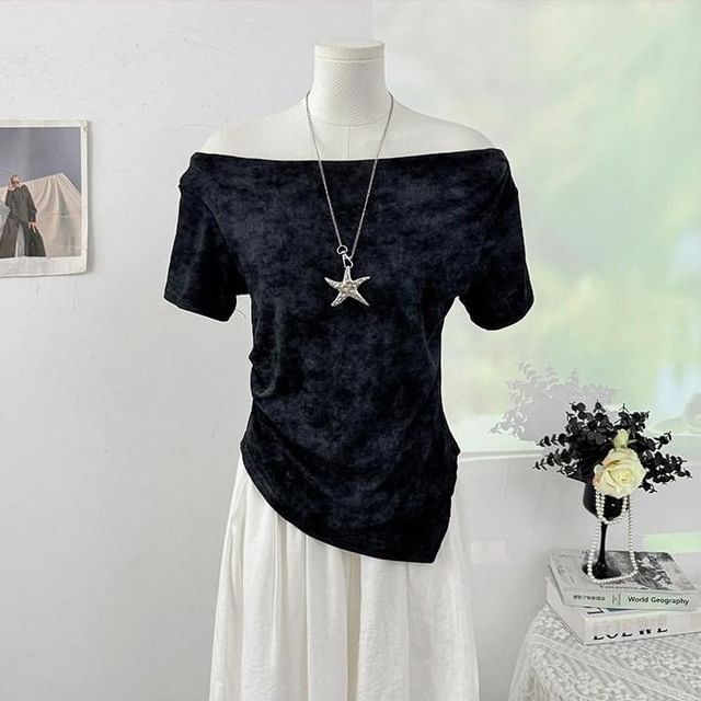 Short-Sleeve Off-Shoulder Tie Dye Asymmetrical Ruched T-Shirt