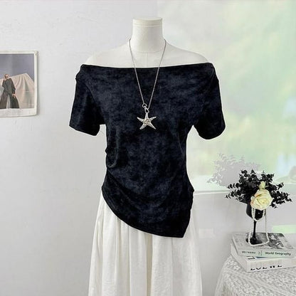 Short-Sleeve Off-Shoulder Tie Dye Asymmetrical Ruched T-Shirt