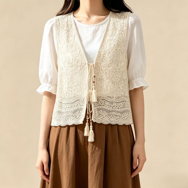 V-Neck Tassel Tie Front Lace Vest / Short-Sleeve Crew Neck Plain T-Shirt / Set