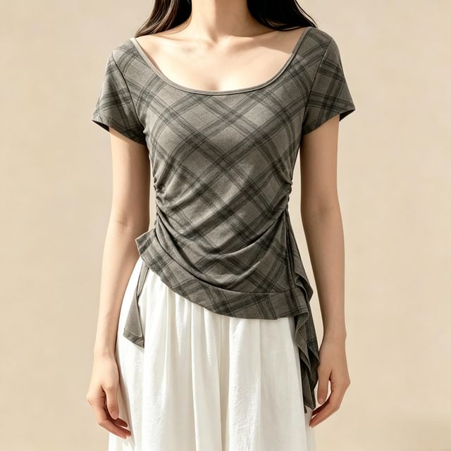 Short-Sleeve Square Neck Plaid Asymmetrical Ruched T-Shirt