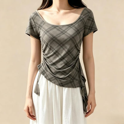 Short-Sleeve Square Neck Plaid Asymmetrical Ruched T-Shirt
