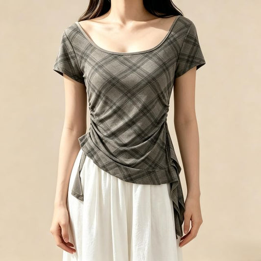 Short-Sleeve Square Neck Plaid Asymmetrical Ruched T-Shirt