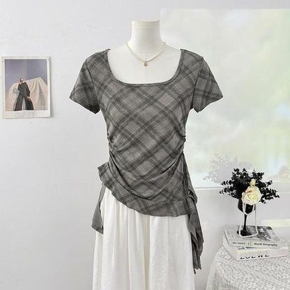 Short-Sleeve Square Neck Plaid Asymmetrical Ruched T-Shirt