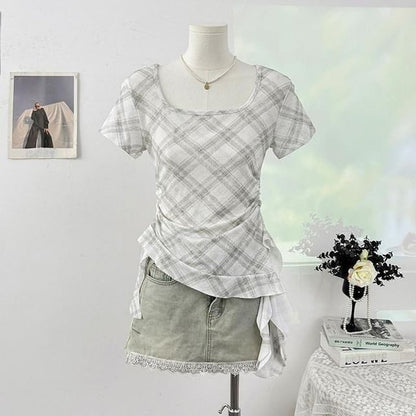 Short-Sleeve Square Neck Plaid Asymmetrical Ruched T-Shirt