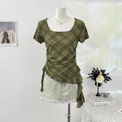 Short-Sleeve Square Neck Plaid Asymmetrical Ruched T-Shirt