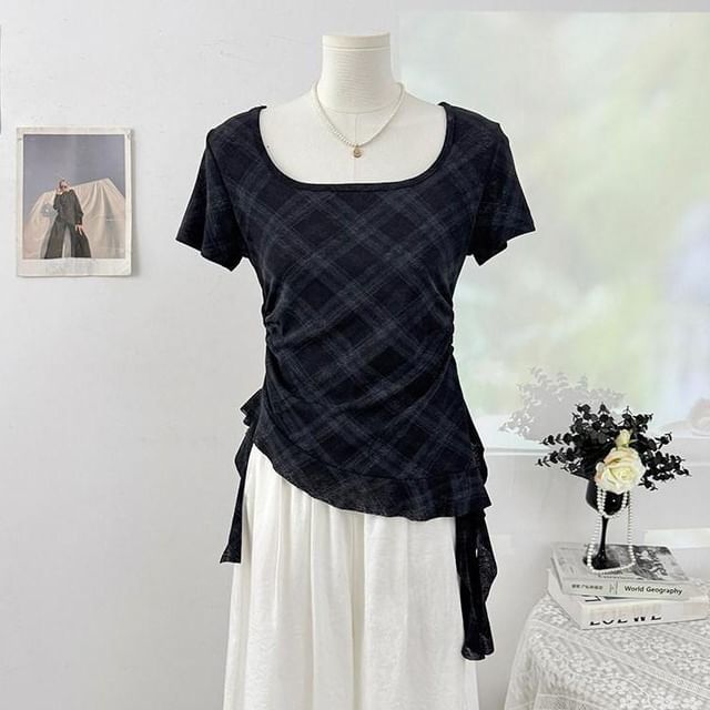 Short-Sleeve Square Neck Plaid Asymmetrical Ruched T-Shirt