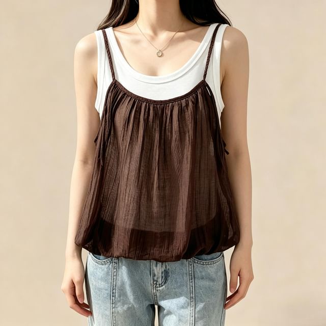 Mock Two-Piece Scoop Neck Bubble Hem Tank Top