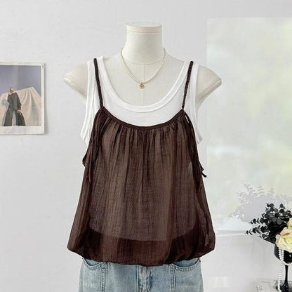 Mock Two-Piece Scoop Neck Bubble Hem Tank Top