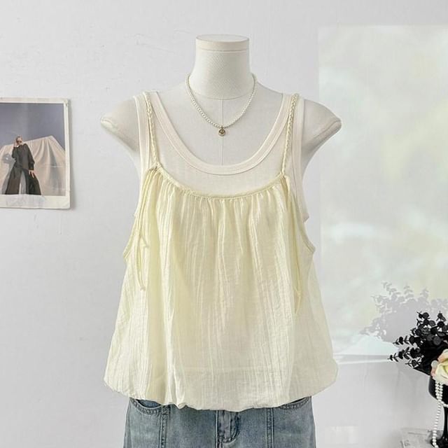 Mock Two-Piece Scoop Neck Bubble Hem Tank Top