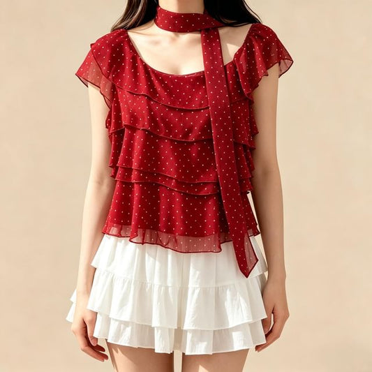 Set: Cap-Sleeve Asymmetrical Neck Micro Dot Tiered Ruffle Blouse + Skinny Scarf