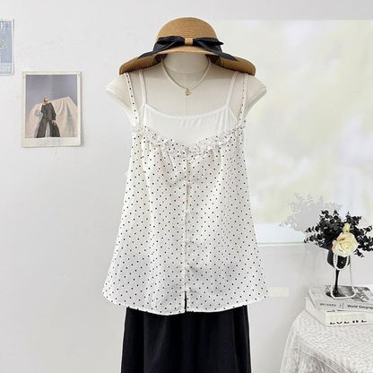 Set: Plain Camisole Top + Micro Dot Frill Trim Button-Up Camisole Top