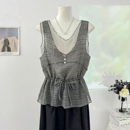V-Neck Micro Dot Mesh Panel Drawstring Waist Tank Top
