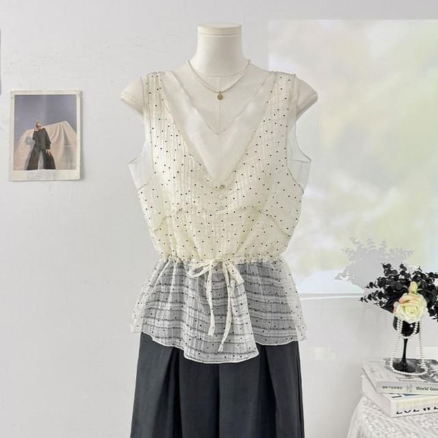 V-Neck Micro Dot Mesh Panel Drawstring Waist Tank Top