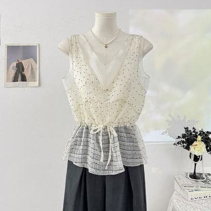 V-Neck Micro Dot Mesh Panel Drawstring Waist Tank Top