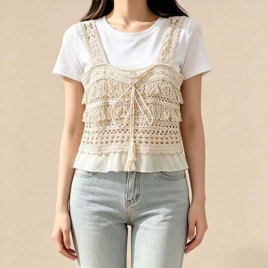 Set: Short-Sleeve Crew Neck Plain Crop T-Shirt + Square Neck Fringed Crochet Knit Tank Top