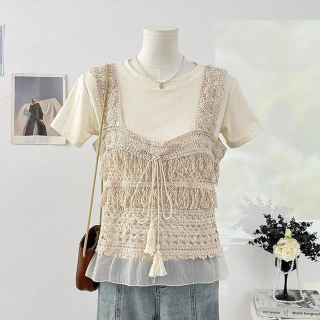 Set: Short-Sleeve Crew Neck Plain Crop T-Shirt + Square Neck Fringed Crochet Knit Tank Top