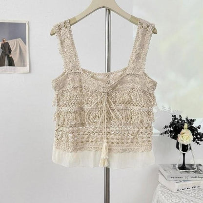Set: Short-Sleeve Crew Neck Plain Crop T-Shirt + Square Neck Fringed Crochet Knit Tank Top