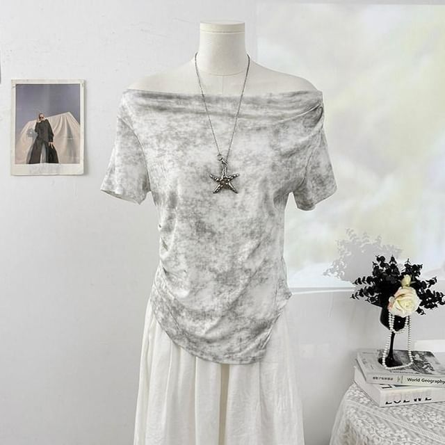 Short-Sleeve Off-Shoulder Tie Dye Asymmetrical Ruched T-Shirt