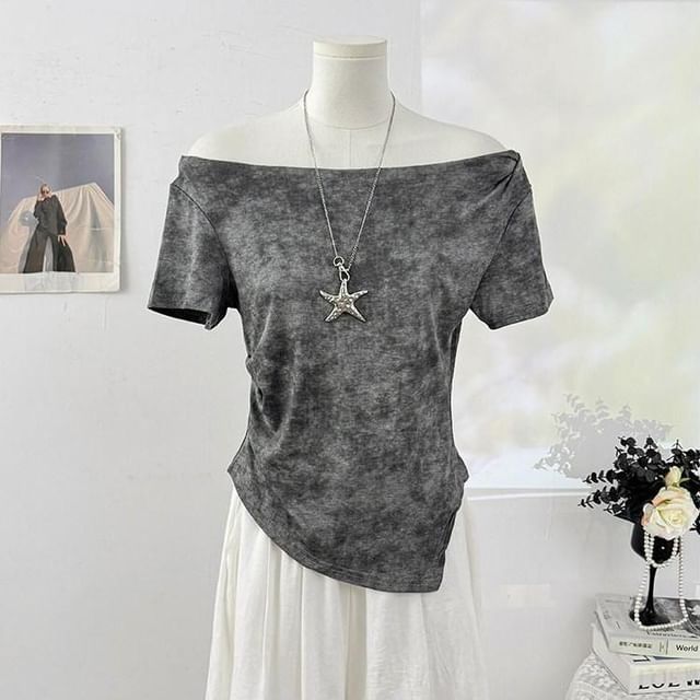 Short-Sleeve Off-Shoulder Tie Dye Asymmetrical Ruched T-Shirt