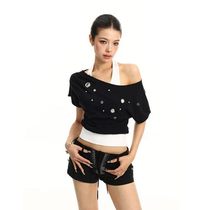 Mock Two Piece Halter Neck Off-Shoulder Grommet Crop Tee
