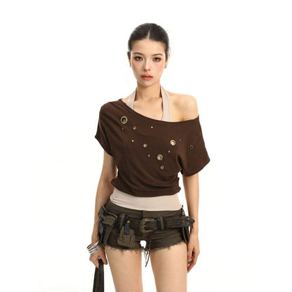 Mock Two Piece Halter Neck Off-Shoulder Grommet Crop Tee