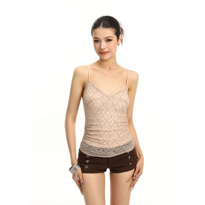 V-Neck Ruched Lace Slim Fit Crop Camisole