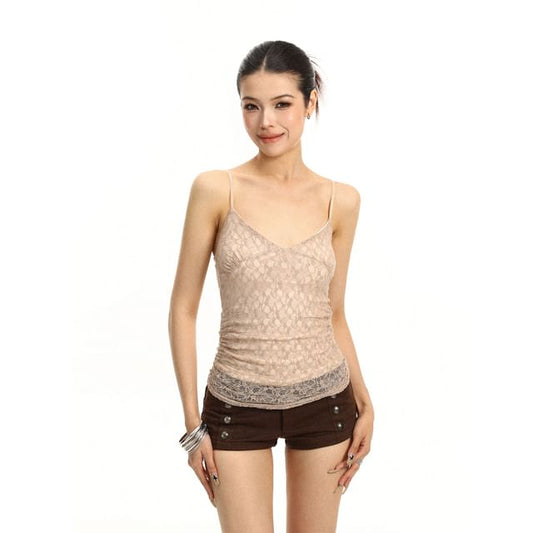 V-Neck Ruched Lace Slim Fit Crop Camisole