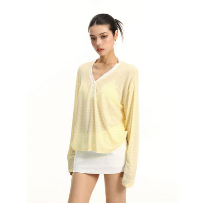 Sheer Striped V-Neck Tee with Contrast Trim