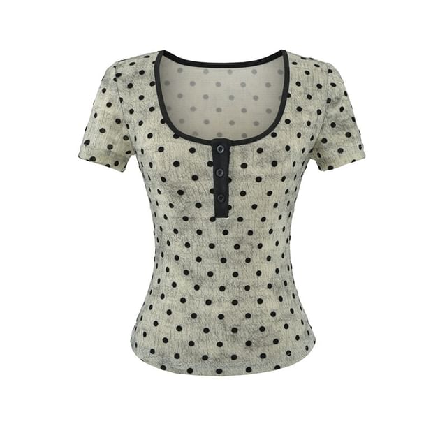 Short-Sleeve Scoop Neck Dotted Crop T-Shirt