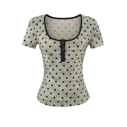 Short-Sleeve Scoop Neck Dotted Crop T-Shirt