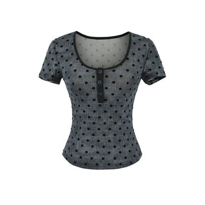 Short-Sleeve Scoop Neck Dotted Crop T-Shirt