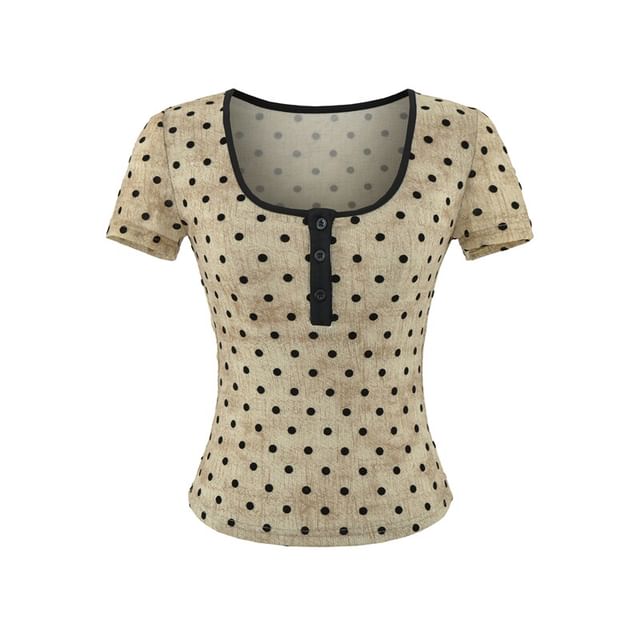 Short-Sleeve Scoop Neck Dotted Crop T-Shirt