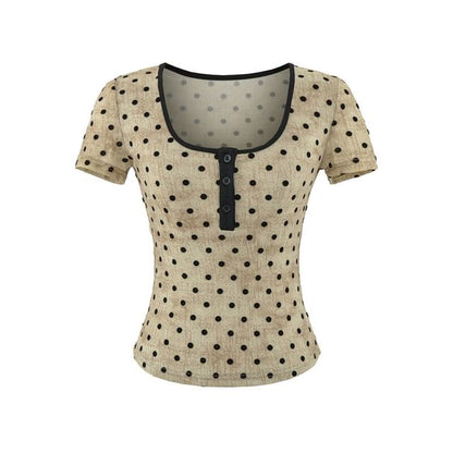 Short-Sleeve Scoop Neck Dotted Crop T-Shirt