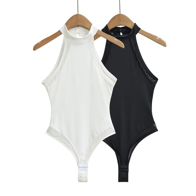 Halter Neck Plain Sheer Panel Bodysuit Top