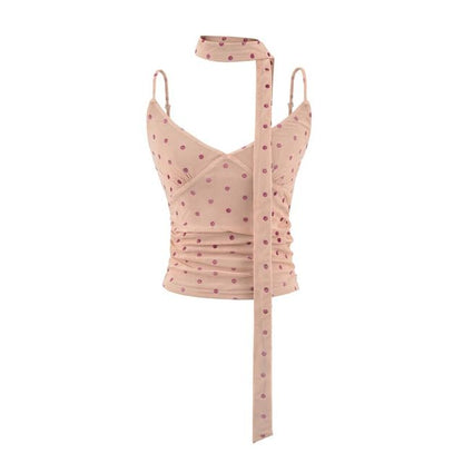 Spaghetti Strap V-Neck Dotted Ruched Camisole Top with Sash
