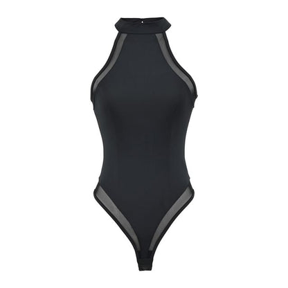 Halter Neck Plain Sheer Panel Bodysuit Top