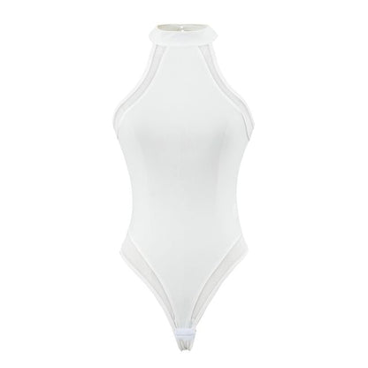 Halter Neck Plain Sheer Panel Bodysuit Top