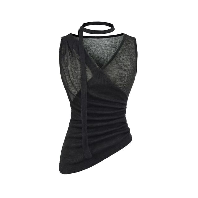 Sleeveless V-Neck Plain Ruched Asymmetrical Top with Sash
