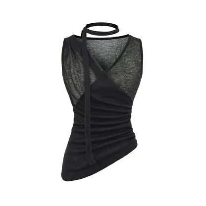 Sleeveless V-Neck Plain Ruched Asymmetrical Top with Sash