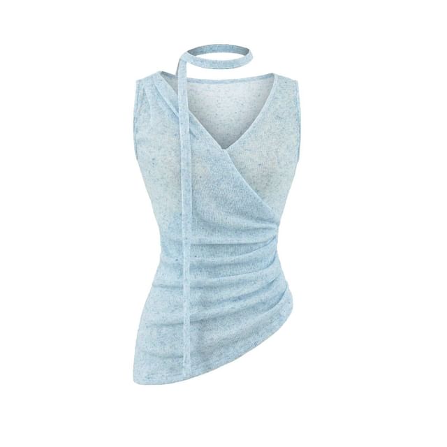 Sleeveless V-Neck Plain Ruched Asymmetrical Top with Sash