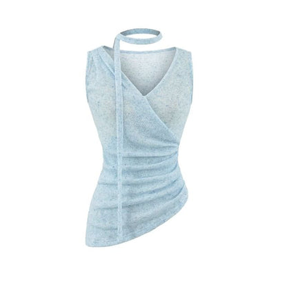 Sleeveless V-Neck Plain Ruched Asymmetrical Top with Sash