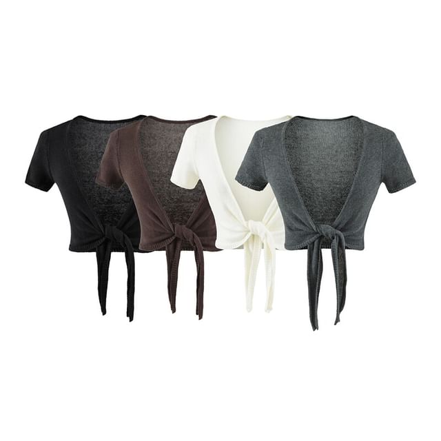 Short-Sleeve V-Neck Plain Tie Waist Crop Top