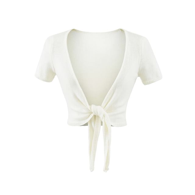 Short-Sleeve V-Neck Plain Tie Waist Crop Top
